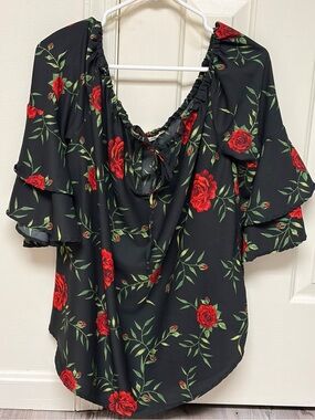 Indulge Instyle Women’s 2X Black Floral Off-Shoulder Blouse with Red Rose Print